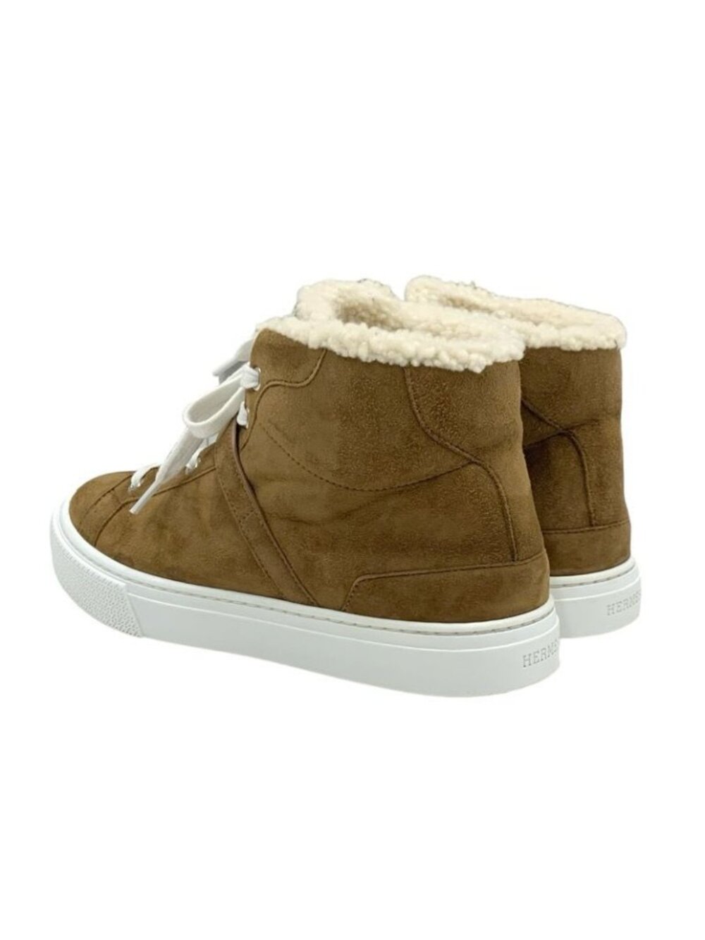Hermes Daydream Sneakers Shoes Suede Shearling Brown Silver High Cut - Picture 4 of 10